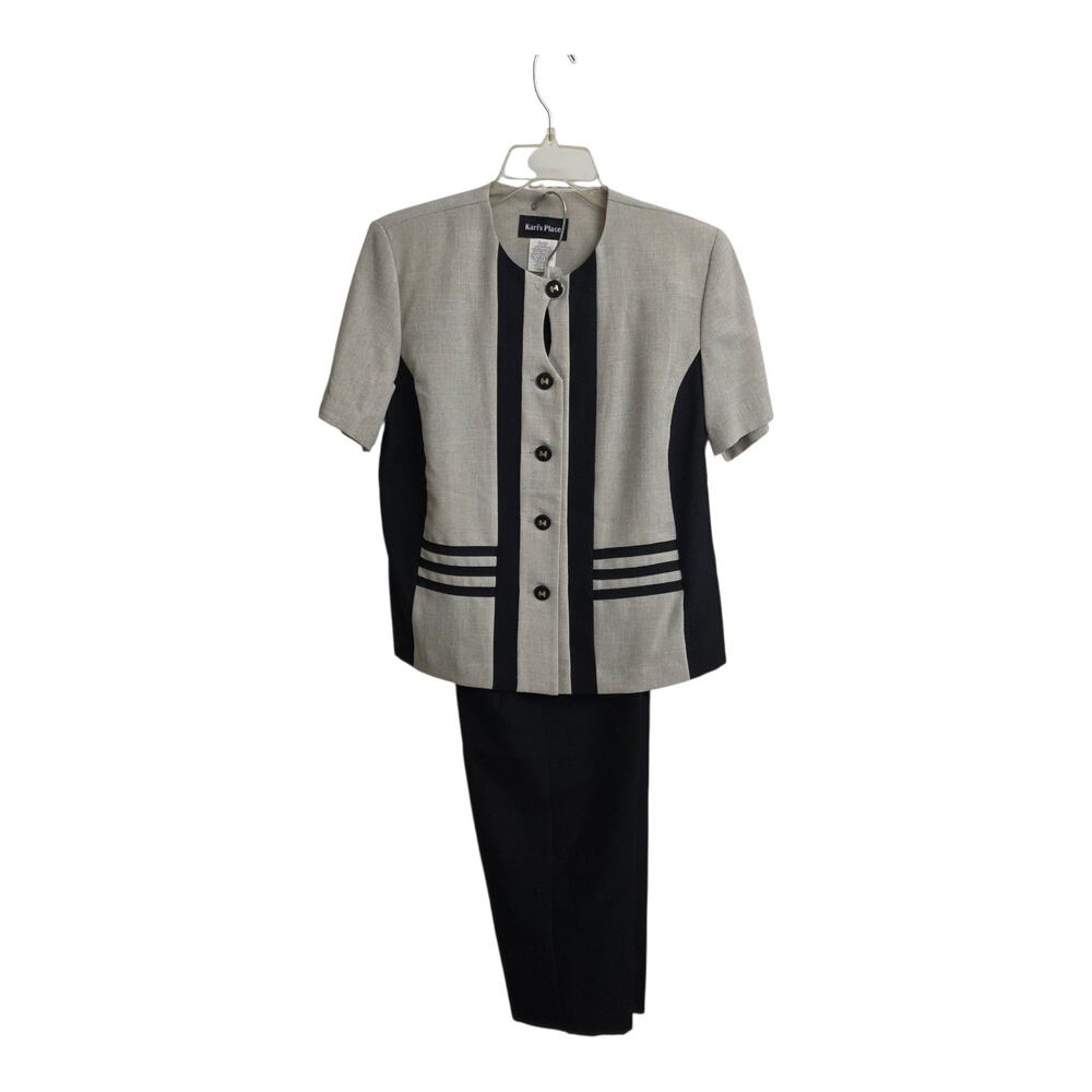 Kari’s Place 2 Piece Suit 8P Black Tan Short Sleeve Blazer Pants Career Set - Picture 2 of 10